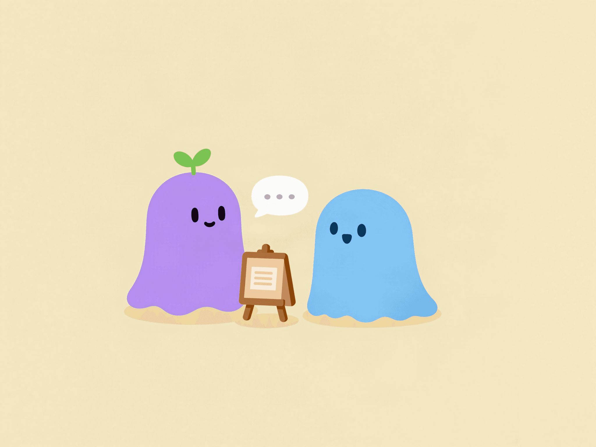 Pip teaches a small lesson at an easel to a curious blue ghost.