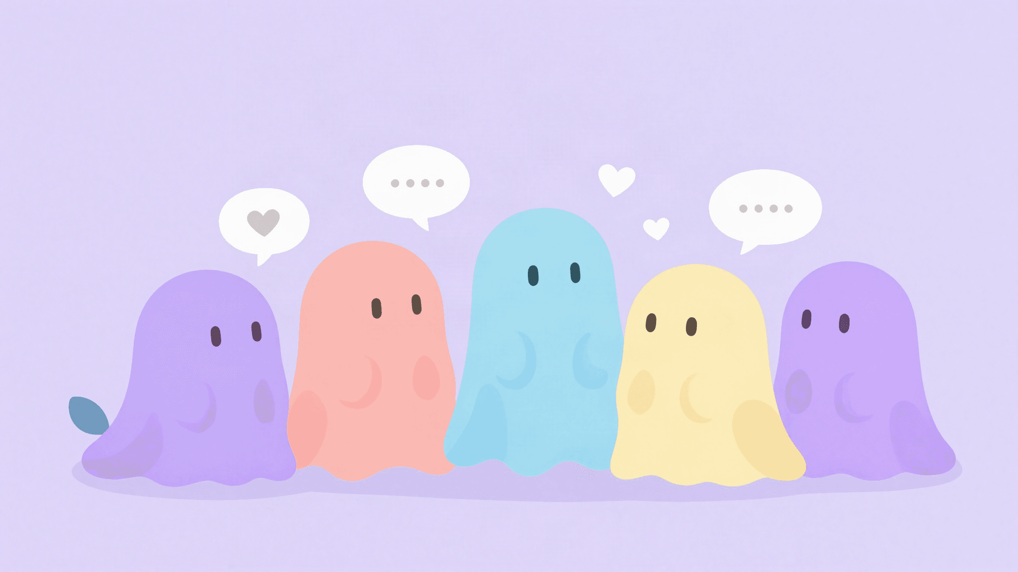 A crowd of pastel ghosts cheering with hearts and speech bubbles.