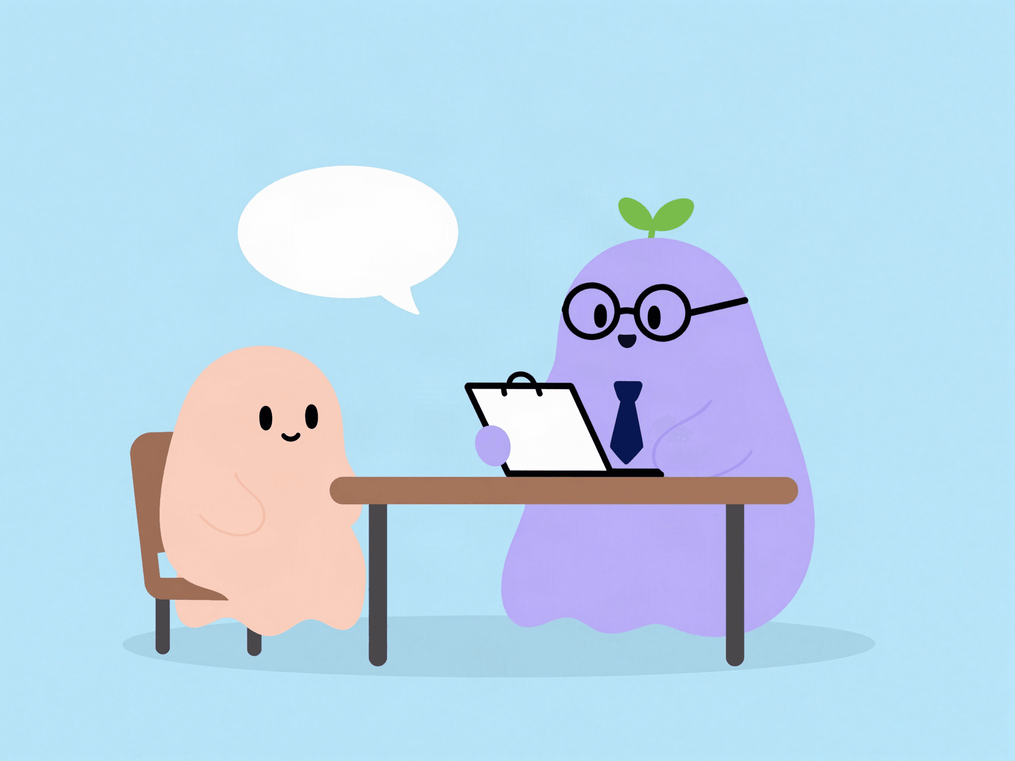 Pip dressed as an interviewer sits across a desk from a nervous peach ghost, taking notes.